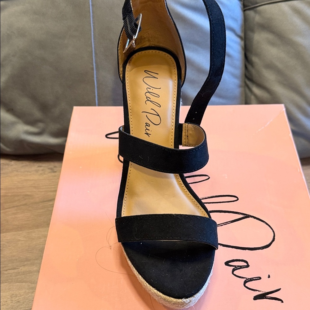 Wild Pair Black Suede Espadrille Wedge Sandals with Ankle Strap